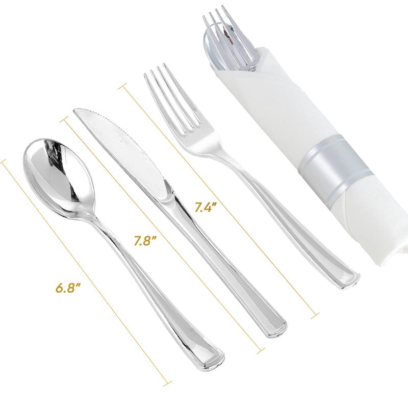 FOCUSLINE 30 Pack Pre Rolled Silver Plastic Silverware  Disposable Cutlery Set- 30 Forks  30 Spoons  30 Knives  30 Napkins  Disposable Heavy Duty Silverware Set for Dinner  Party  Wedding - Image 2