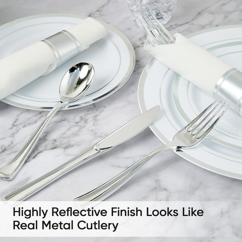 FOCUSLINE 30 Pack Pre Rolled Silver Plastic Silverware  Disposable Cutlery Set- 30 Forks  30 Spoons  30 Knives  30 Napkins  Disposable Heavy Duty Silverware Set for Dinner  Party  Wedding - Image 5