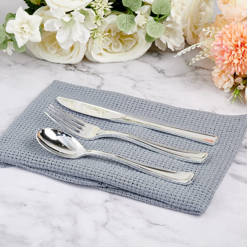 FOCUSLINE 30 Pack Pre Rolled Silver Plastic Silverware  Disposable Cutlery Set- 30 Forks  30 Spoons  30 Knives  30 Napkins  Disposable Heavy Duty Silverware Set for Dinner  Party  Wedding - Image 4