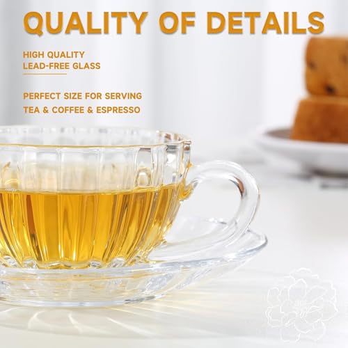 Mevanta Premium Glass Tea Cup and Saucer Set (2 Cups & 2 Saucers - 200 ML) Transparent Cups & Saucer Set For Coffee Herbal Green Tea, Lemon Tea, Espresso, Hot Chocolate,Cappuccino (MSC - 06, Set of 2) - Image 4