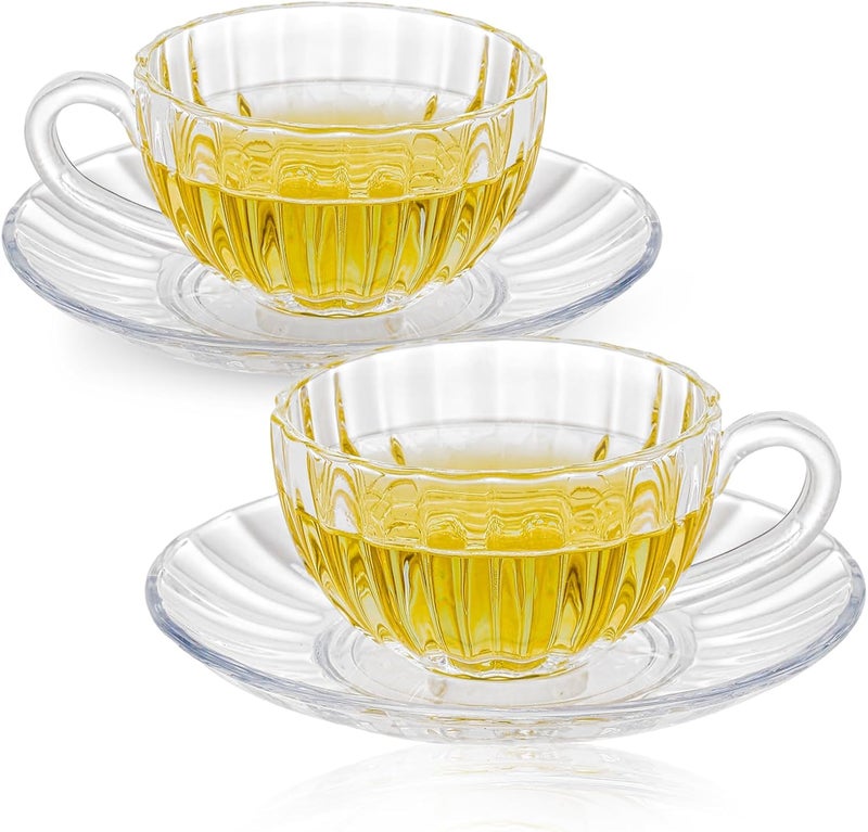 Mevanta Premium Glass Tea Cup and Saucer Set (2 Cups & 2 Saucers - 200 ML) Transparent Cups & Saucer Set For Coffee Herbal Green Tea, Lemon Tea, Espresso, Hot Chocolate,Cappuccino (MSC - 06, Set of 2) - Image 1