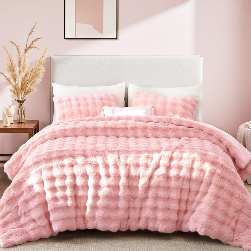 YIKUSH Pink Comforter Set Queen - Luxurious Faux Fur Comforter for Winter, Fluffy Comforter Queen Set with 2 Pillowcases, Soft Warm Pink Bedding Set - Image 1
