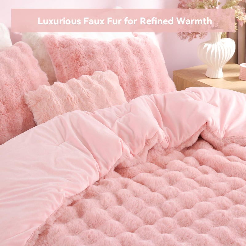 YIKUSH Pink Comforter Set Queen - Luxurious Faux Fur Comforter for Winter, Fluffy Comforter Queen Set with 2 Pillowcases, Soft Warm Pink Bedding Set - Image 3