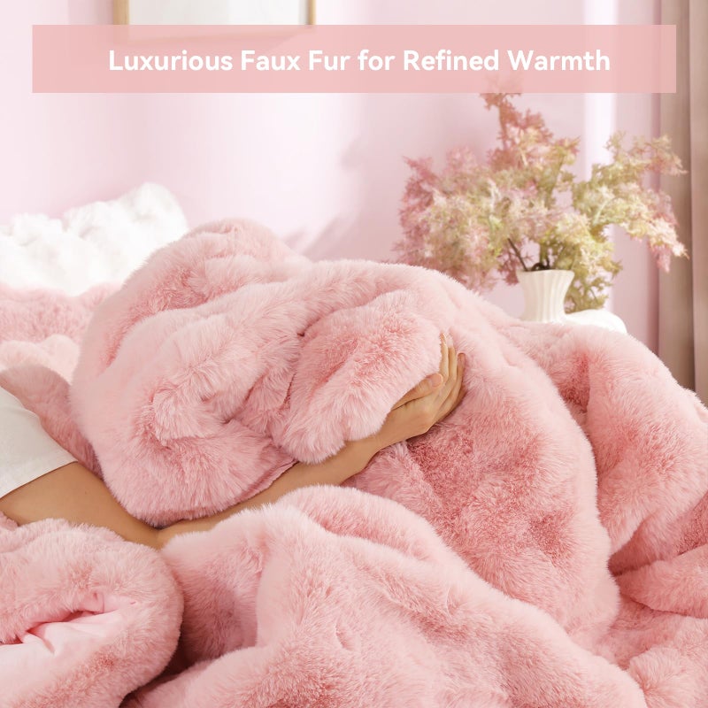 YIKUSH Pink Comforter Set Queen - Luxurious Faux Fur Comforter for Winter, Fluffy Comforter Queen Set with 2 Pillowcases, Soft Warm Pink Bedding Set - Image 4
