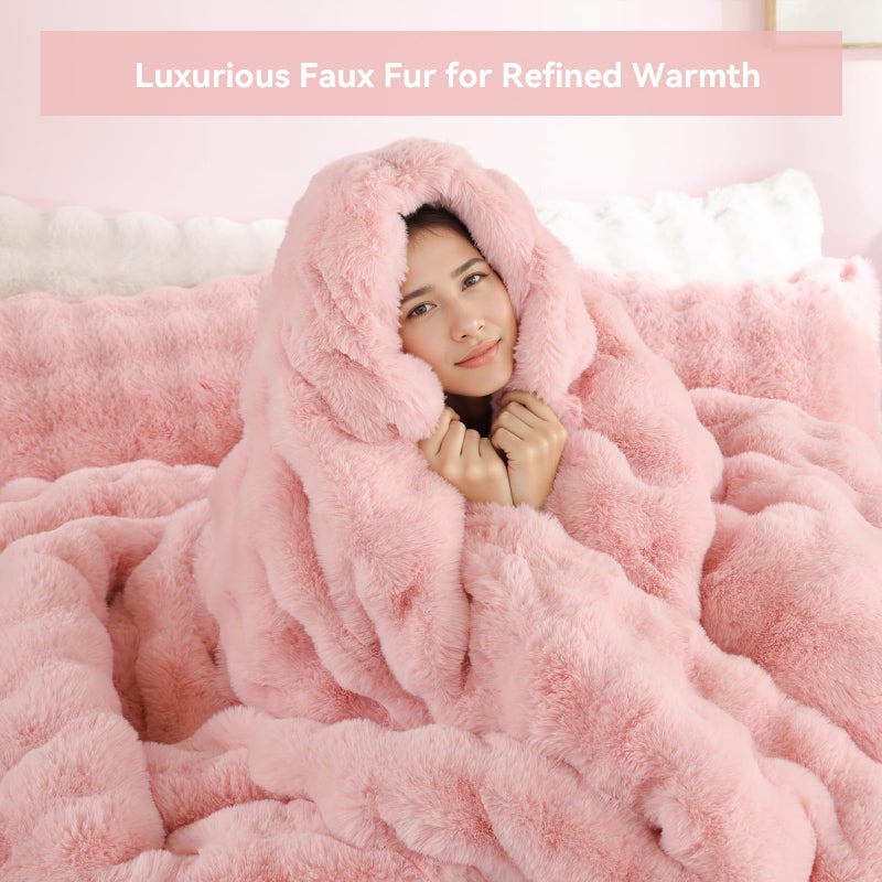 YIKUSH Pink Comforter Set Queen - Luxurious Faux Fur Comforter for Winter, Fluffy Comforter Queen Set with 2 Pillowcases, Soft Warm Pink Bedding Set - Image 5