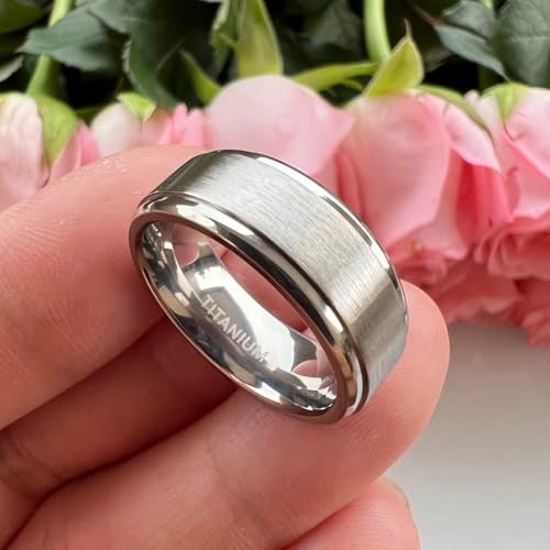 TUTISS 8mm Titanium Rings for Men Women Engagement Wedding Bands Matte Finish Stepped Beveled Edges Comfort Fit Size 13 - Image 2