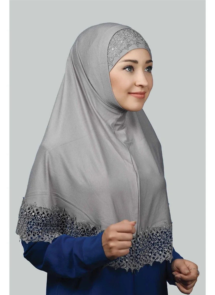 التوبة Double Set Lace Practical Scarf Ready Hijab and Hijab Bonnet Xl - Gray