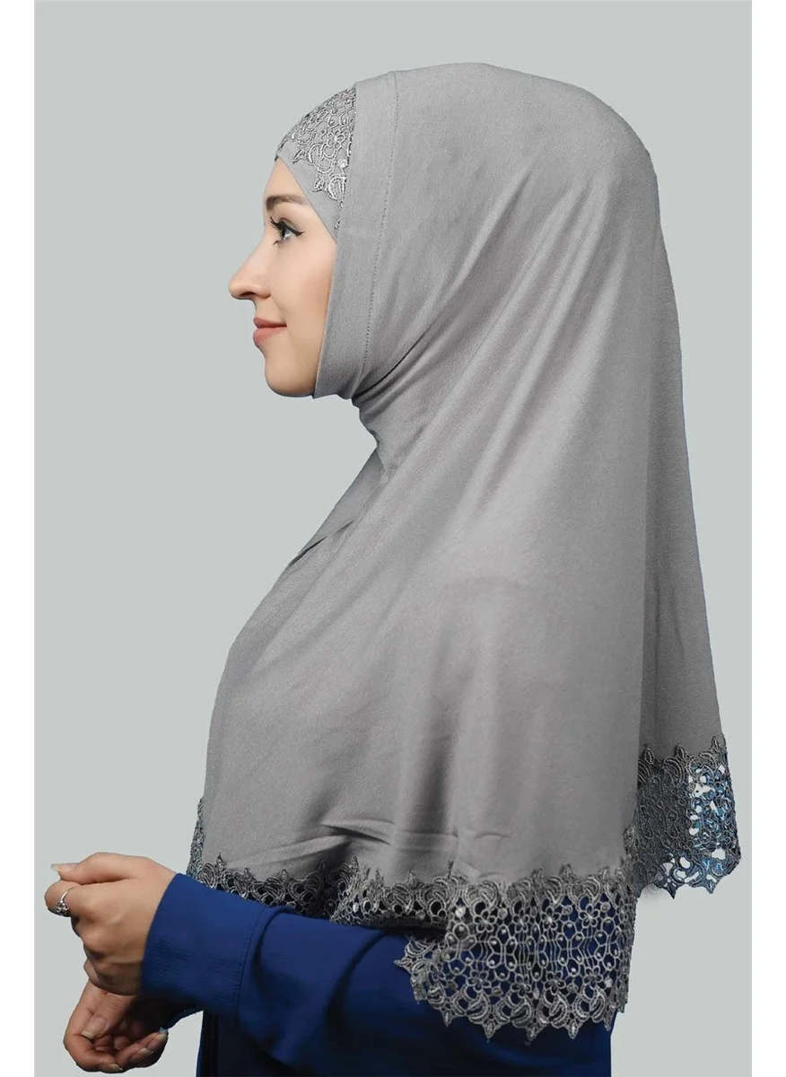 التوبة Double Set Lace Practical Scarf Ready Hijab and Hijab Bonnet Xl - Gray