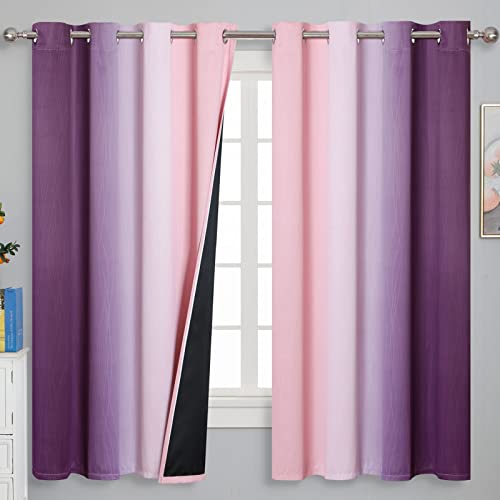 Estelar Textiler Pink and Purple Curtains 63 Inch Length 2 panels, Full Light Blocking Ombre Blackout Curtains for Kids Room, Thermal Insulated Noise Reducing Gradient Blackout Curtains for Girls Bedroom, 52x63 Inch - Image 1