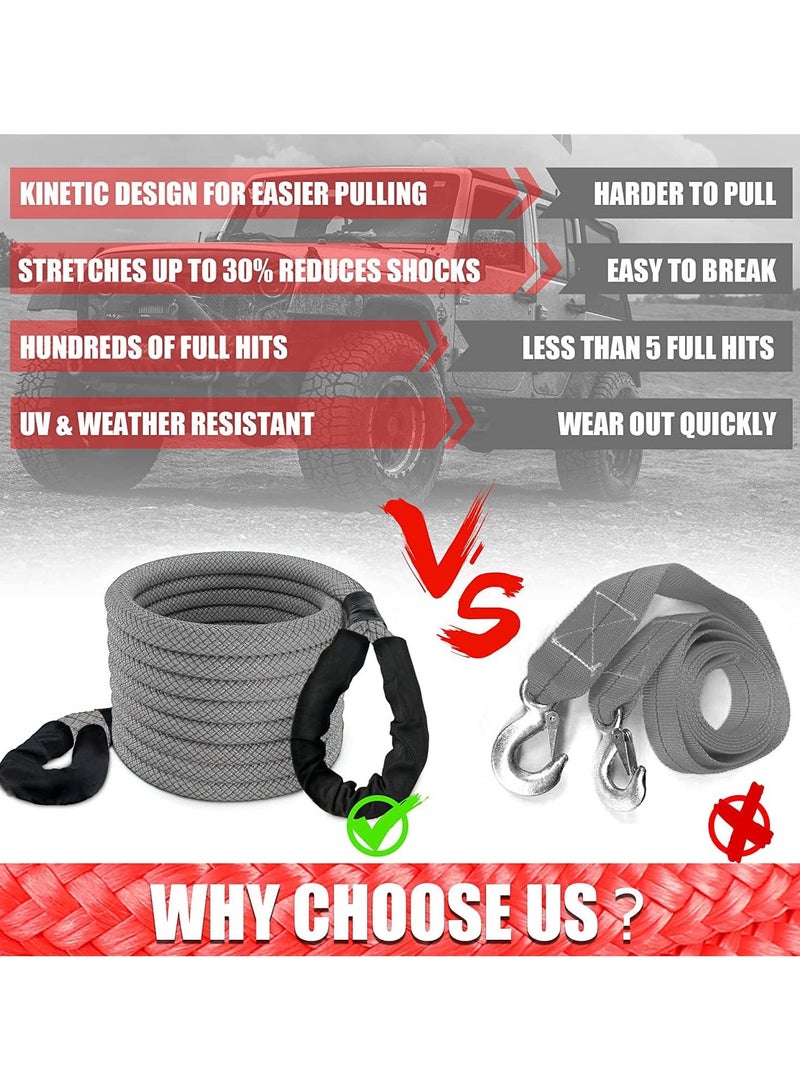 1"*30' Gray Car Tow Rope (33000 lbs) with 2 Shackle Ropes|15 Tons 9 Meters Kinetic recovery Rope|4x4 Drive Pickup Truck, SUV, ATV Off Road Heavy Duty Recovery Kit - Image 4