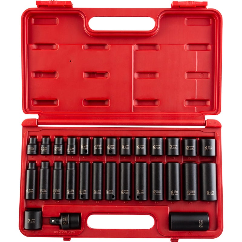 Sunex 3329 38Inch Drive Standard and Deep Metric Impact Socket Set Metric StandardDeep 6Point CrMo 8mm 22mm 29Piece