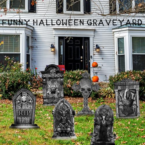 ontigola 16 Inch Halloween Graveyard Tombstones Prop Yard Stakes Signs 6 Styles Outdoor Headstones for Cemetery Halloween RIP Graveyard Tombstones Outdoor Props Yard Decorations with Stakes - Image 3