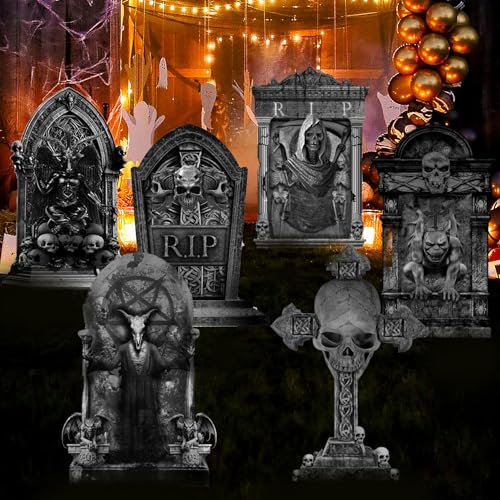 ontigola 16 Inch Halloween Graveyard Tombstones Prop Yard Stakes Signs 6 Styles Outdoor Headstones for Cemetery Halloween RIP Graveyard Tombstones Outdoor Props Yard Decorations with Stakes - Image 1