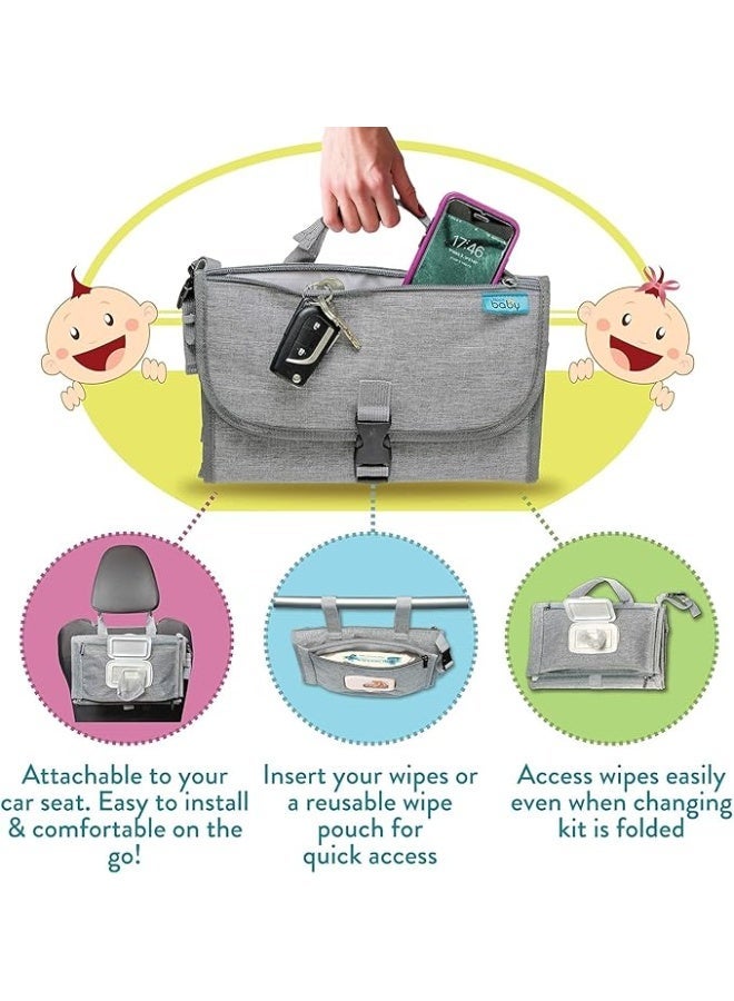 SKY-TOUCH Baby Portable Diaper Changing Pad,Waterproof Travel Change Pad,with Wipes Pocket, Smart Design Portable Changing Mat, Infant Travel Station Kit, Gift for Newborn Girl & Boy - Grey - Image 2