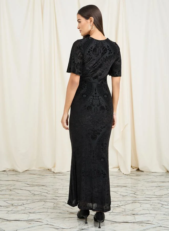 Styli Floral Textured Square Neck Mermaid Dress