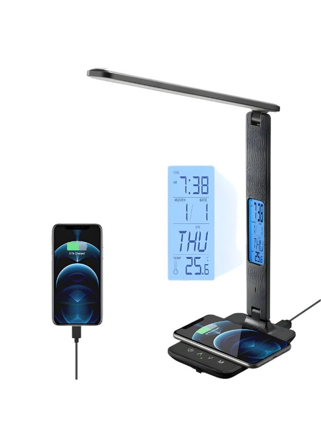zentora LED Desk Lamp Qi Wireless Charger With Night Light With Alarm Clock Temperature and Output USB Charger Table Lamp - Image 1