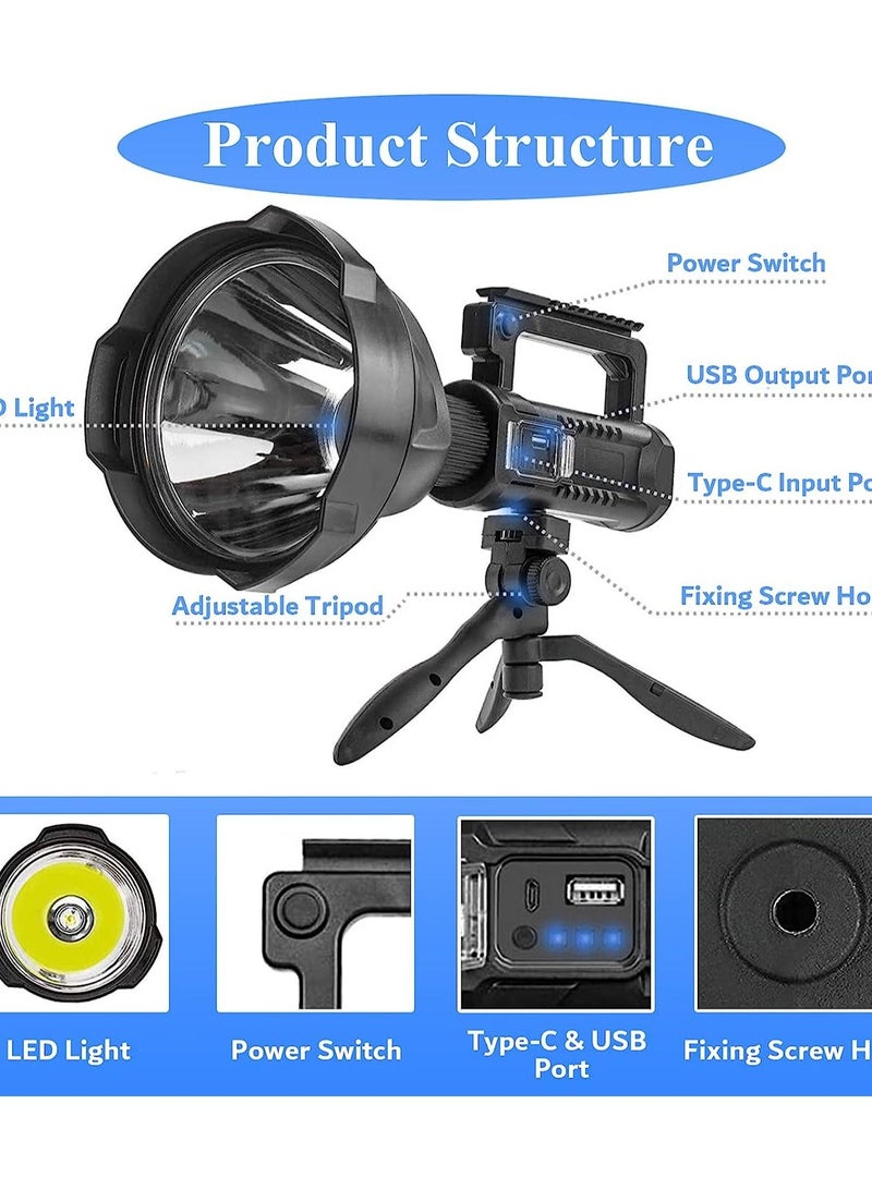 Toby's Rechargeable Spotlight, 300000 Lumens Led Spot Light Outdoor Handheld Super Bright Powerful Long Range Flashlight with 4 Modes, Tripod, USB Output, IPX5 Waterproof for Fishing Boating Camping - Image 5