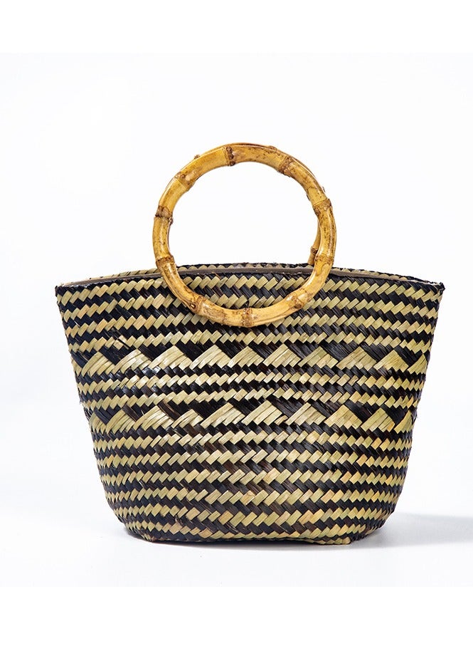 Fashionable Beach Woven Bamboo Handle Hand-Held Leisure Bag  - Image 1