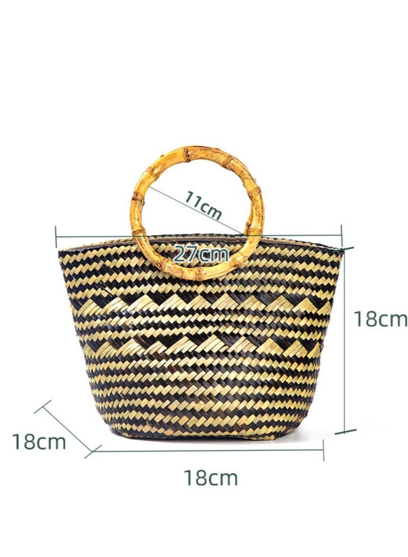 Fashionable Beach Woven Bamboo Handle Hand-Held Leisure Bag  - Image 4
