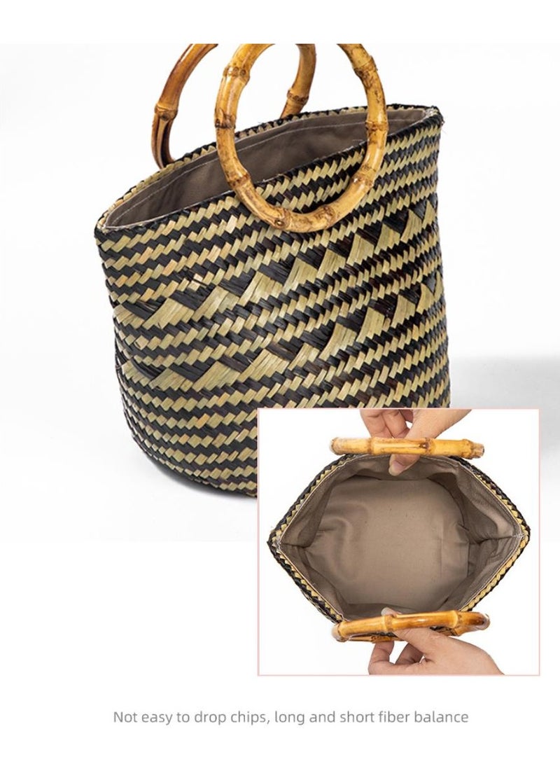 Fashionable Beach Woven Bamboo Handle Hand-Held Leisure Bag  - Image 5