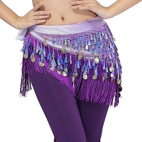 ZLTdream Belly Dance Tassels Triangle Hip Scarf With Coins Sequins Purple - Image 2