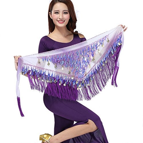 ZLTdream Belly Dance Tassels Triangle Hip Scarf With Coins Sequins Purple - Image 1