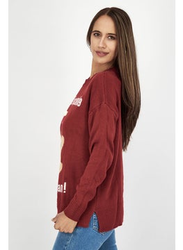 oysho Women Crew Neck Graphic Sweater, Red  - Image 3