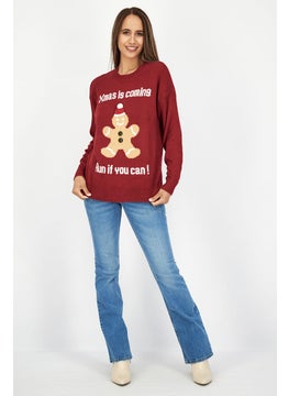 oysho Women Crew Neck Graphic Sweater, Red  - Image 4