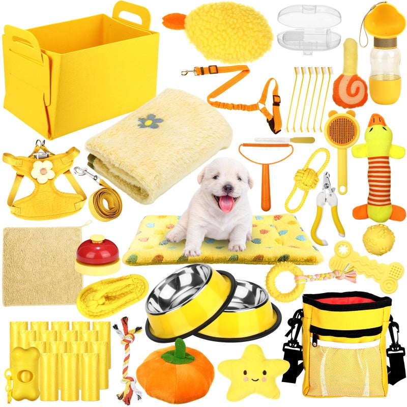 Abbylike 50 Pcs Puppy Supplies Starter Kit for Small Dogs Puppy Essentials Includes Leash, Bowls, Teeth Brushes, Water Bottle, and More Accessories for Dogs Pet Day Welcome Gift(Yellow) - Image 1
