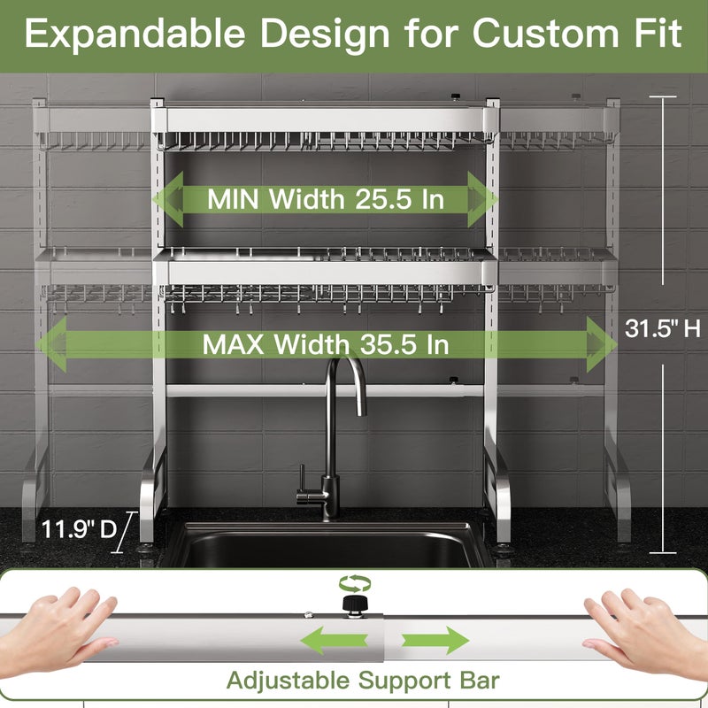 BOOSINY 3 Tier Extra Large Stainless Steel Expandable Over The Sink Dish Drainer Drying Rack, Rust Proof Metal, Space Saving, Modern Silver Big Capacity Extendable Plate Strainers Above Kitchen Counter - Image 3