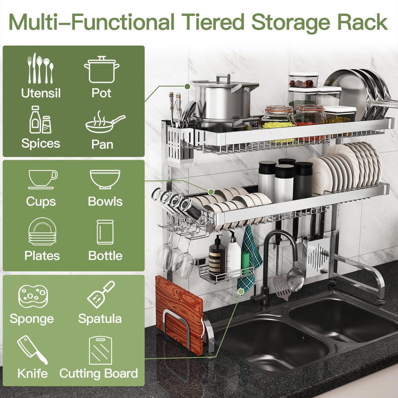 BOOSINY 3 Tier Extra Large Stainless Steel Expandable Over The Sink Dish Drainer Drying Rack, Rust Proof Metal, Space Saving, Modern Silver Big Capacity Extendable Plate Strainers Above Kitchen Counter - Image 5