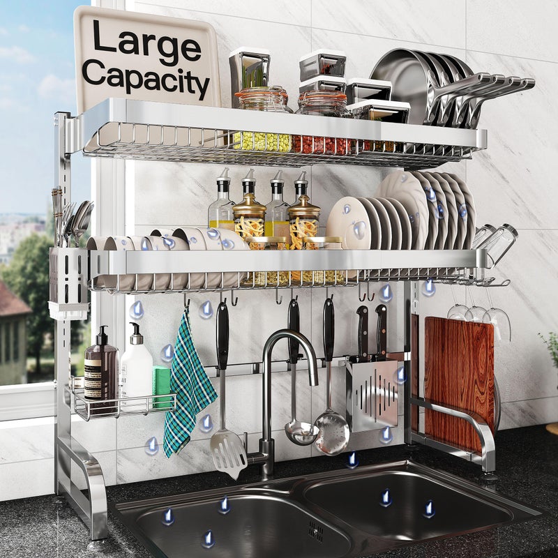 BOOSINY 3 Tier Extra Large Stainless Steel Expandable Over The Sink Dish Drainer Drying Rack, Rust Proof Metal, Space Saving, Modern Silver Big Capacity Extendable Plate Strainers Above Kitchen Counter - Image 1