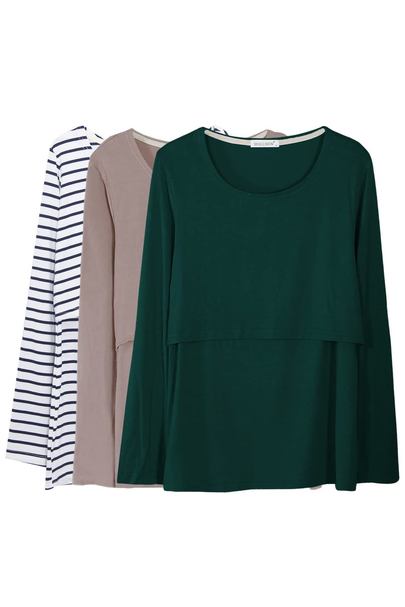 Smallshow Womens Nursing Tops Long Sleeve Shirts for Breastfeeding 3Pack Medium BrownDeep GreenWhite Stripe - Image 2