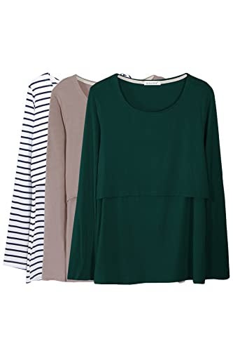 Smallshow Womens Nursing Tops Long Sleeve Shirts for Breastfeeding 3Pack Medium BrownDeep GreenWhite Stripe - Image 1