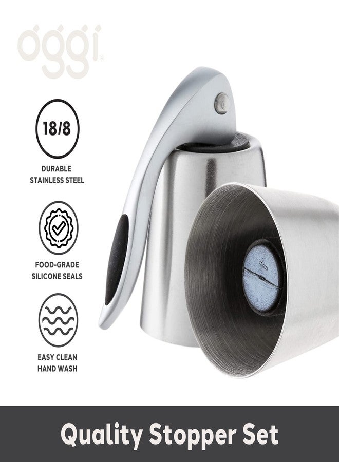 OGGI Bottle Stopper Set of 2 - Stainless Steel Wine Topper Set - Stylish Wine Saver Stoppers with Airtight Wine Sealer Levers, Stainless Steel - Image 2