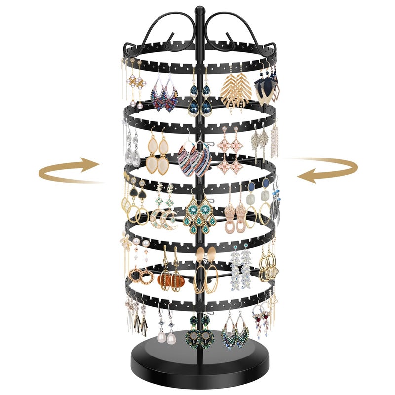 LASZOLA 5 Tier Black Earring Holder Organizer Tree Women Display Storage for Stud and Hoop Large Cool Rotating Clip Stand for Pierced and Dangle Earring Vertical Metal Tower Carousel with 400 Holes