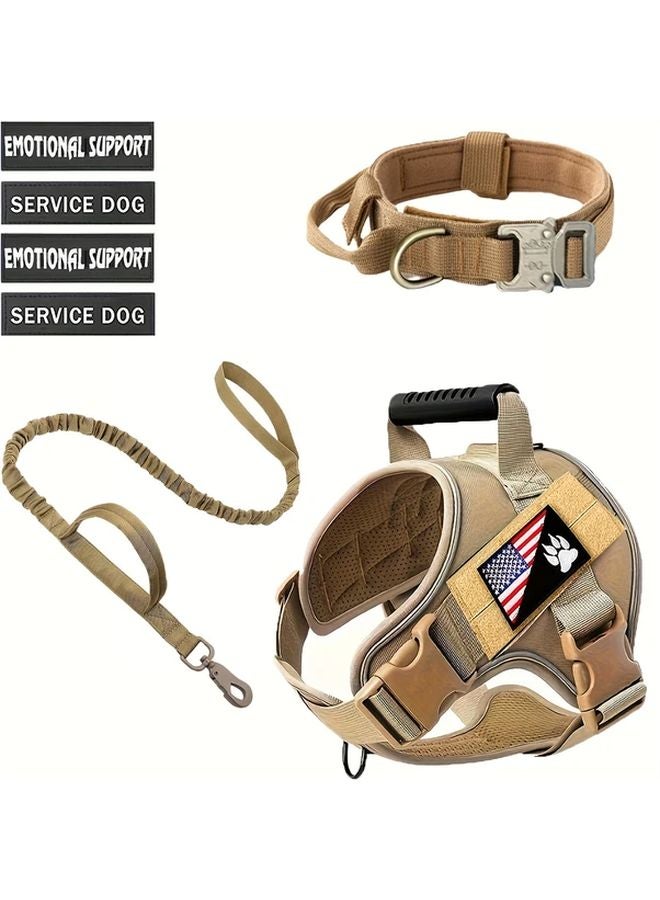 مجموعة صدرية تكتيكية للحيوانات الأليفة باللون الكاكي مع طوق وسلسلة وعلامة كلب خدمة - Image 2