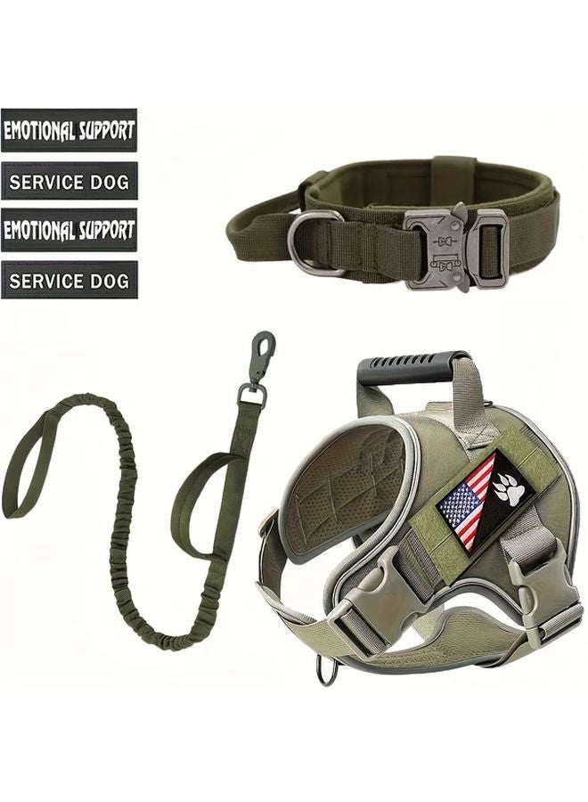 مجموعة صدرية تكتيكية للحيوانات الأليفة باللون الكاكي مع طوق وسلسلة وعلامة كلب خدمة - Image 4