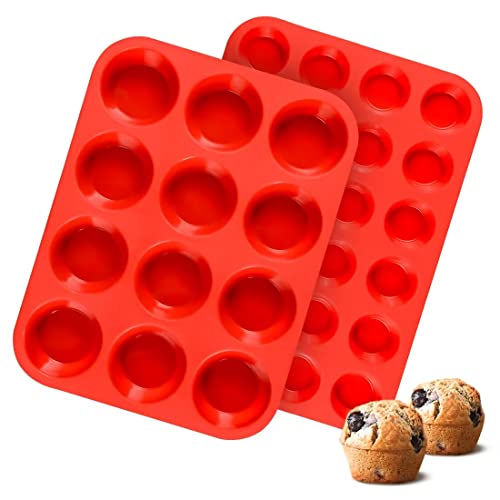 CAKETIME Silicone Muffin Pan, Mini Muffin Pan, Regular 12 Cups and Mini 24 Cups Cupcake Tin Set of 2 for Baking Egg Bites - Image 1