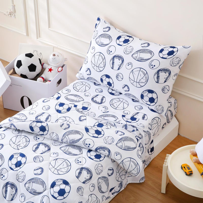 LONAVA Toddler Kids Comforter Set - 4 Pieces Toddler Bedding Sets for Boys Girls Children, Ultra Soft Microfiber Bed in A Bag with Flat Fitted Sheets, Ball Sports - Image 1