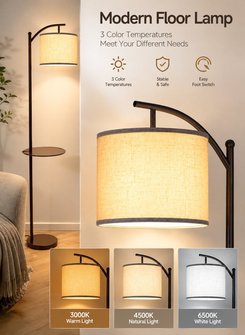 Sharpdo Nordic Fabric Tricolor Dimming Floor Lamp With Table Retro Adjustable LED Standing Lamp With Tray For Living Room Bedroom Coffee Table Floor Lighting Floor Lamp With Shelf - Image 2