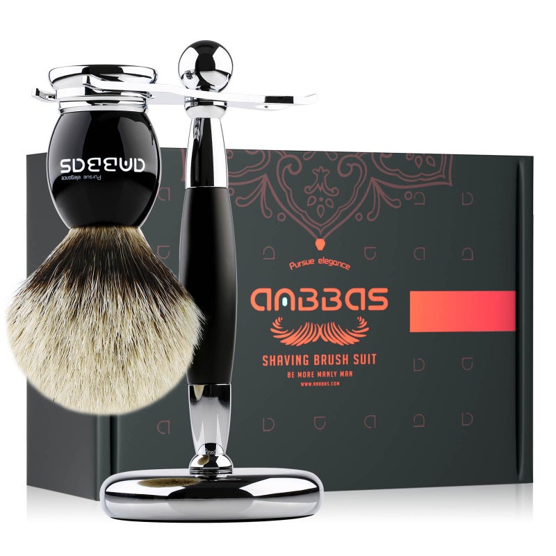 Anbbas Shaving Brush and Stand,Silvertip Badger Hair Brush Black Resin Alloy Handle with Stainless Steel Shaving Stand for Double Edge Safety Razor Straight Razor for Men - Image 1