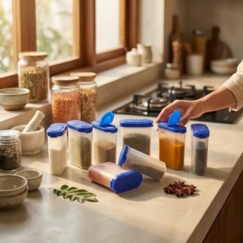 Mahaware Wonder Spice Shaker & Sprinkler Set of 8 (275ml) - Airtight Masala Containers for Kitchen, Modular Plastic Storage Set, Blue - Image 1