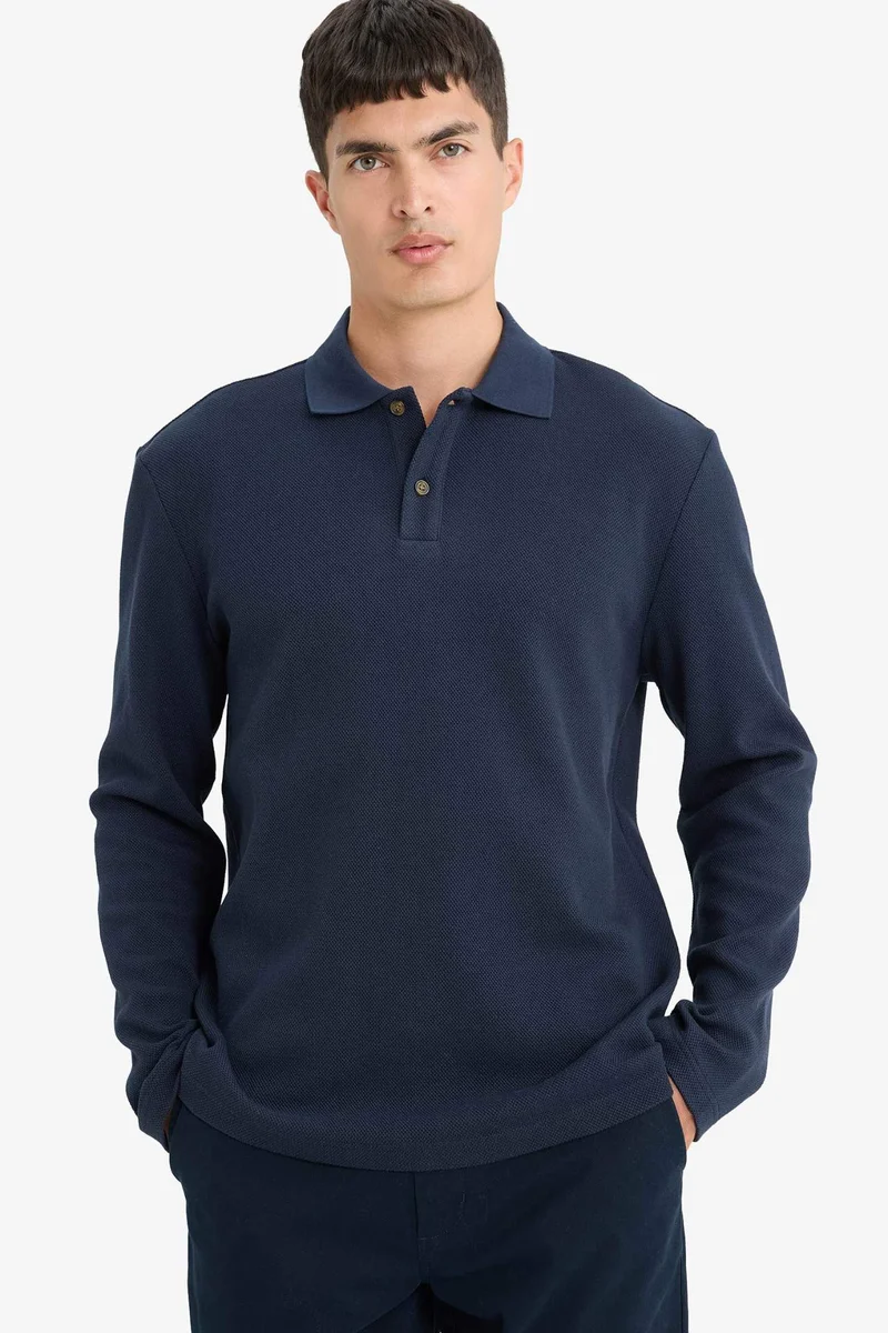 ديفاكتو Cotton Regular Fit Polo Neck Textured Sweatshirt
