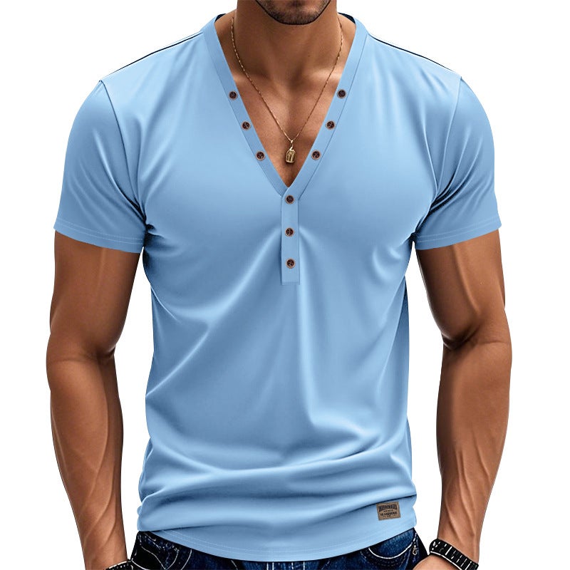 Men''s New Style Summer Men''s Short-sleeved T-shirt Slim-fit Trendy Deep V-neck Button Henry Shirt - Image 1