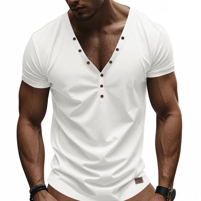 Men''s New Style Summer Men''s Short-sleeved T-shirt Slim-fit Trendy Deep V-neck Button Henry Shirt - Image 4