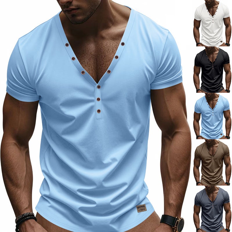 Men''s New Style Summer Men''s Short-sleeved T-shirt Slim-fit Trendy Deep V-neck Button Henry Shirt - Image 2