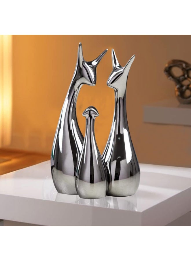 Xtore Home Decor Lucky Silver Deer Statue Family Piano Finish Ceramic Figures - (Set of 3, Silver Set) - Image 4