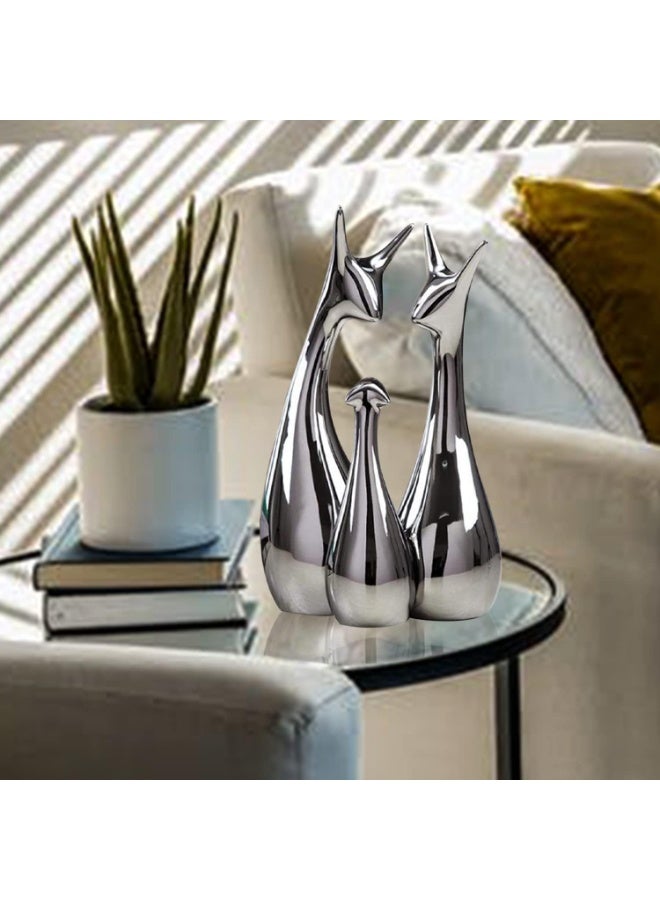 Xtore Home Decor Lucky Silver Deer Statue Family Piano Finish Ceramic Figures - (Set of 3, Silver Set) - Image 3