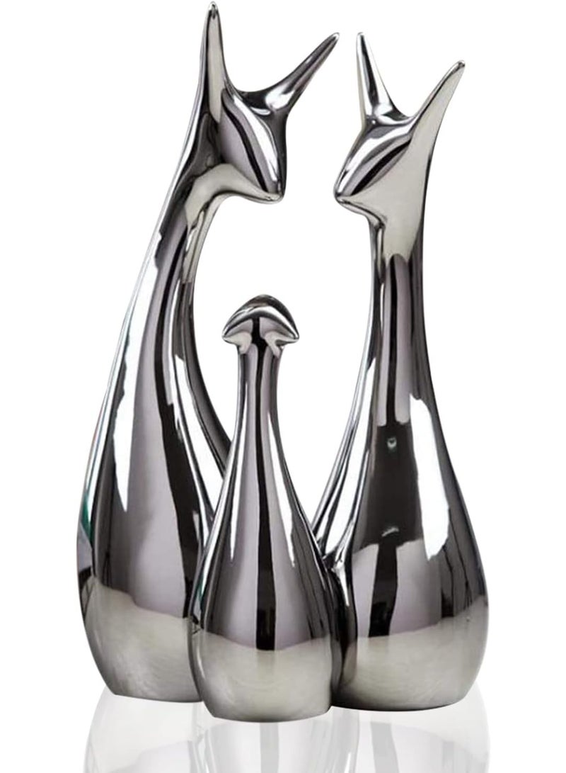 Xtore Home Decor Lucky Silver Deer Statue Family Piano Finish Ceramic Figures - (Set of 3, Silver Set) - Image 1